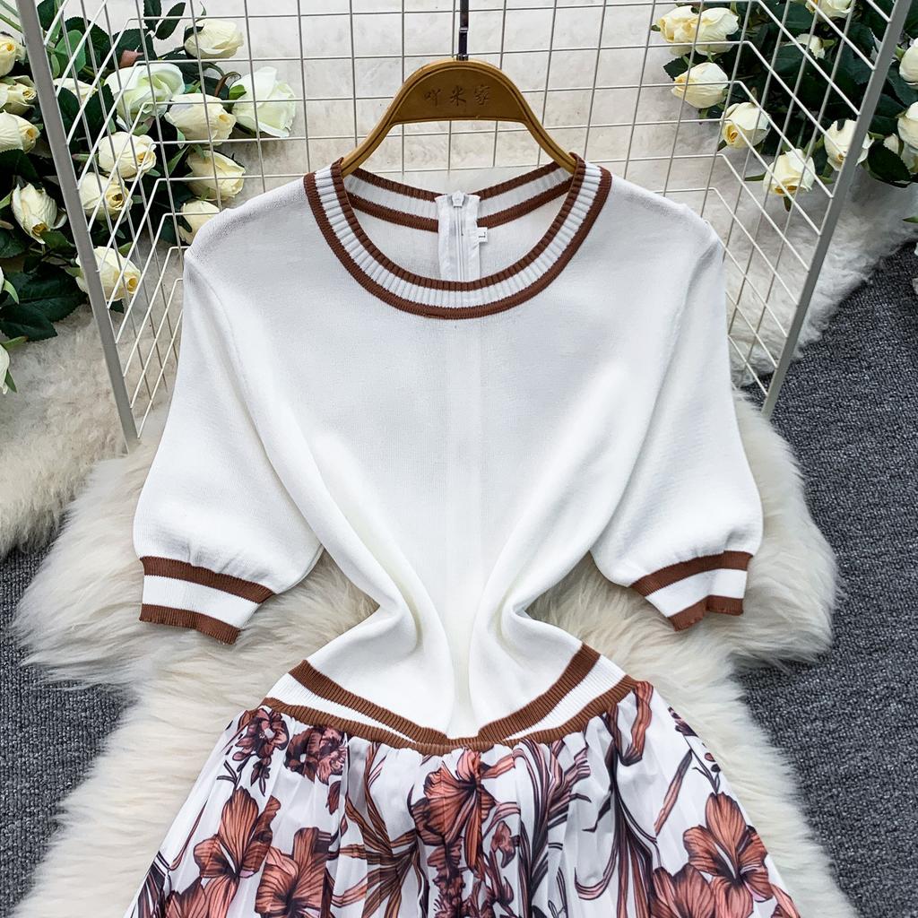 Women Fashion Knitting Sweater Patchwork Chiffon Dress Summer Short Sleeve Casual Floral Print Pleated Vacation Holiday Midi Sundress