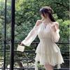 French apricot long-sleeved dress fairy summer fairy waist chiffon short skirt ruffle leaf edge cake a-word skirt