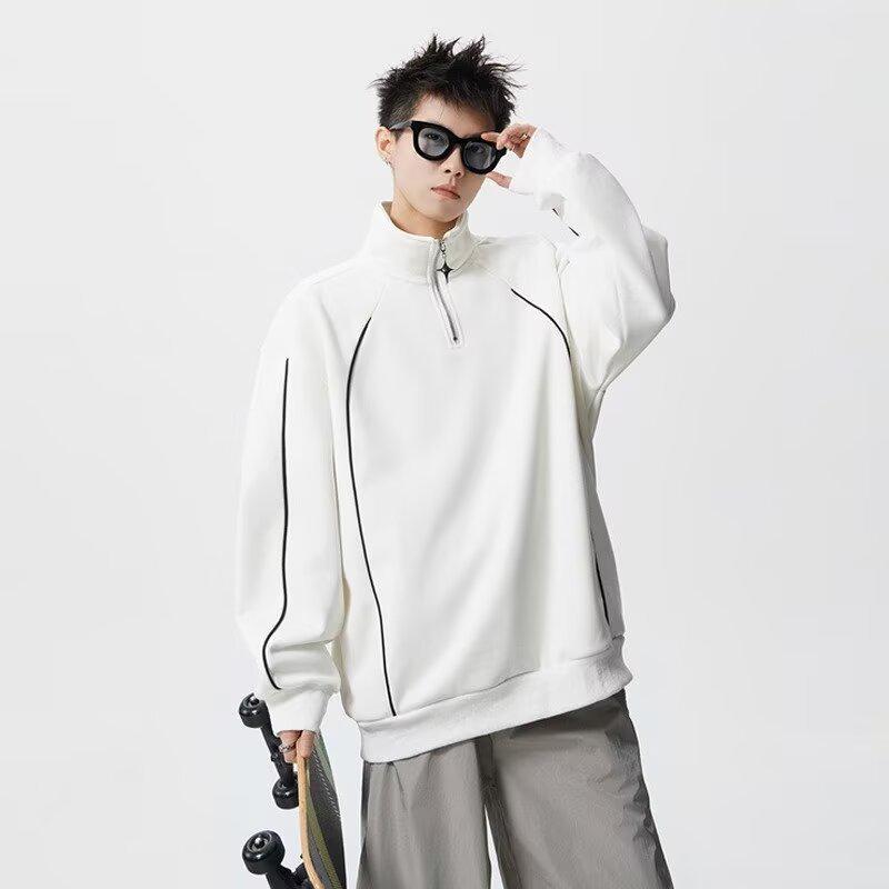

Men s Retro Half-Zip Stand Collar Hoodie, Loose Casual Fit with Contrast Stitching, Perfect for Spring and Autumn. Large білий