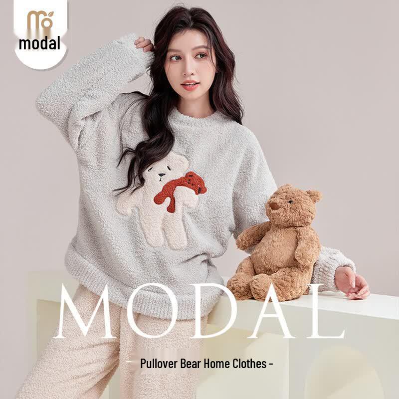 Women s Cute Bear Modal Fleece Pajama Set L