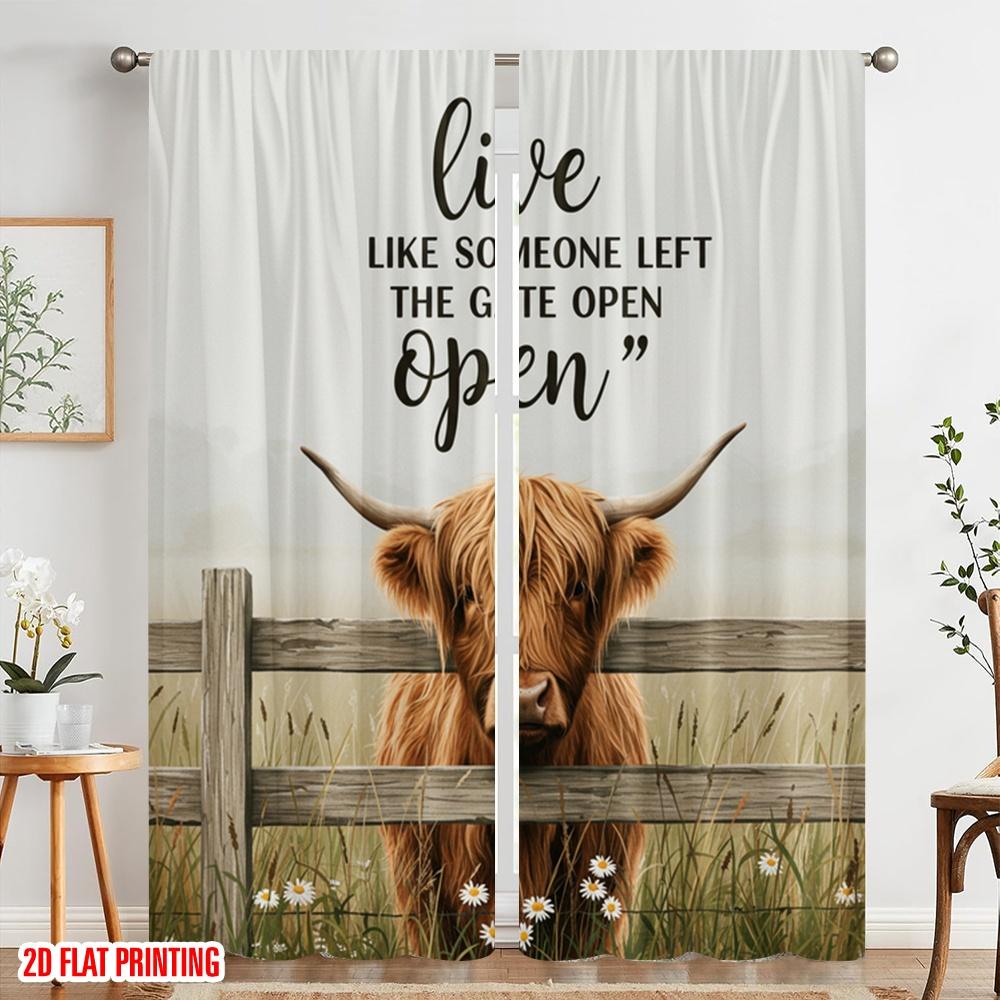 2pcs 2D flat printing Drapes Highland Cow Fence Open Polyester Fabric Without Electricity Festive Wall Decor Use for Booths