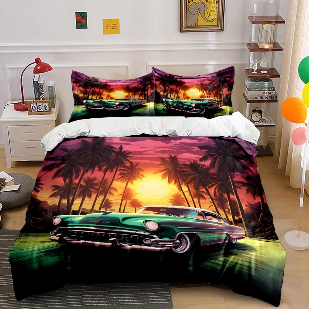 Classic car under sunset Bedding Set for Kids Luxury Gift 3pcs Digital Print Comforter Set Soft Comfortable Breathable