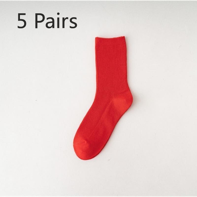 5 Pairs Socks Women's Spring and Summer Cotton Socks Mid-calf Socks College Style Tide Personality Versatile Double Needle Long Tube Stacked Socks