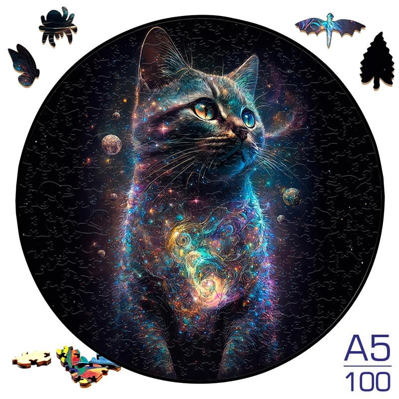 Non-Toxic Interstellar Wooden Puzzle Painted Black Cat Animal Wood Puzzles Round Shaped Jigsaw Puzzle Best Gift For Kid Funny Toy