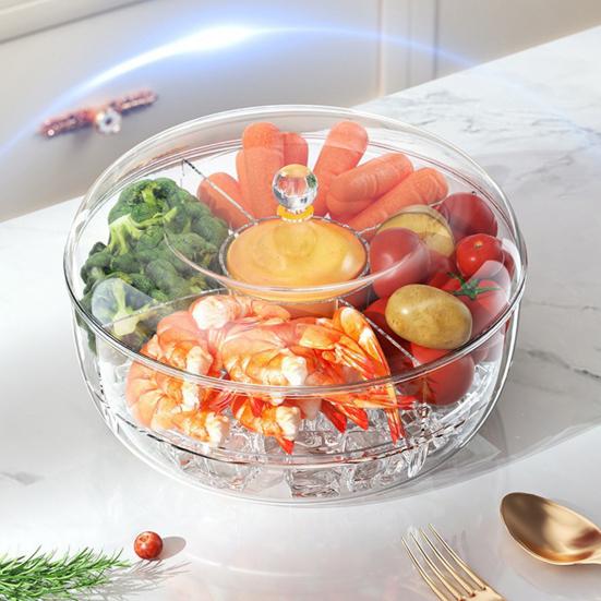 Rotating Salad Box, with Multi-Grid And Center Sauce Cup Fruit Tray, Ice Trough Cooling Base Design, Serving Bowl for Party, Gathering