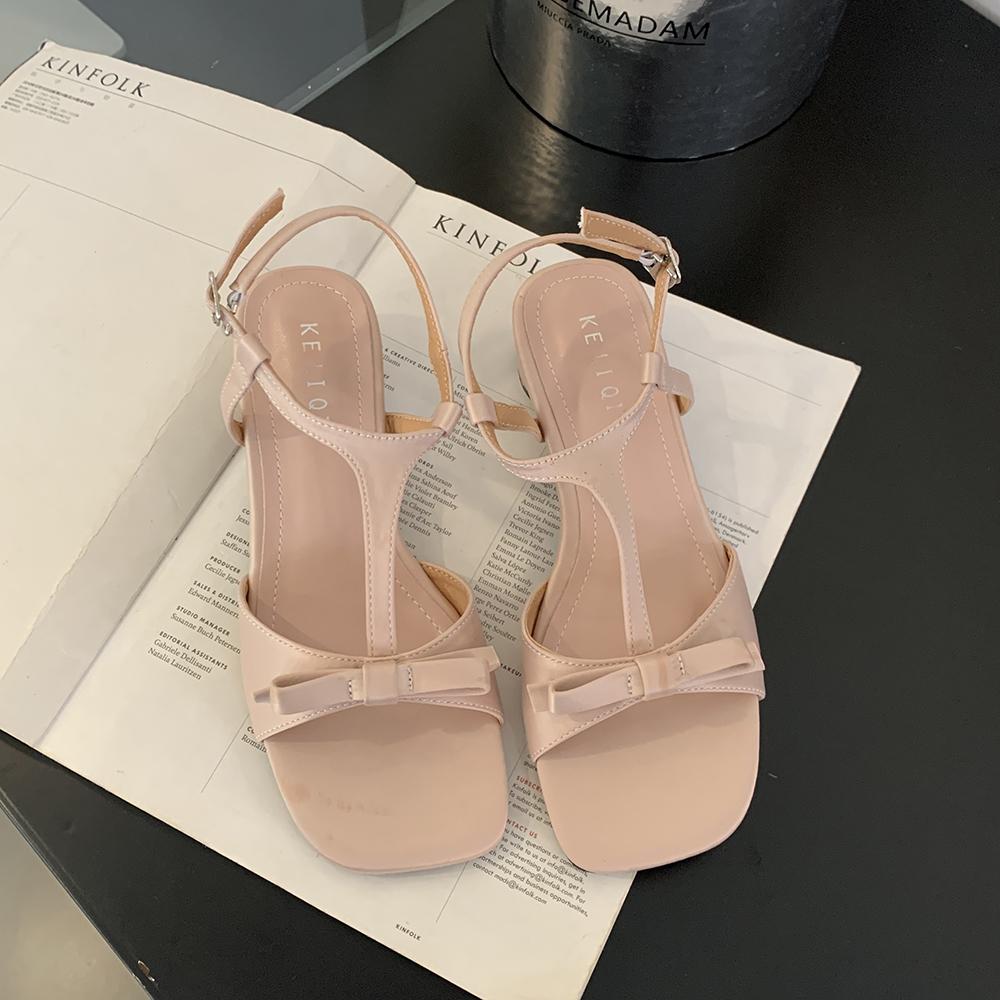 fashion Open Toe Women Sandals Beige Silver Pink Round Mid Heels Ankle Strap T Strap Summer Dress Shoes Woman Size 35-39 Bow Design