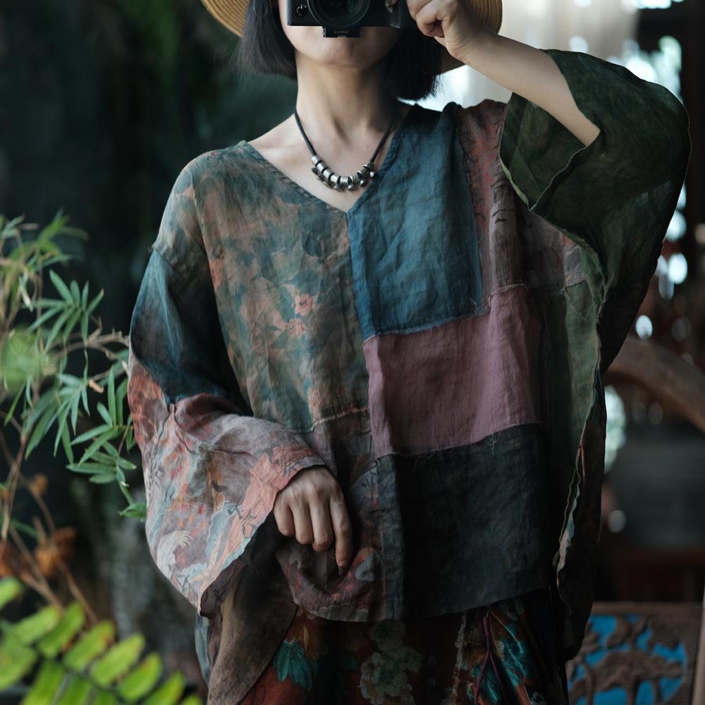 Johnature Vintage Women Patchwork Color T-Shirts V-Neck Long Sleeve Ramie High Quality Autumn Loose T-Shirts