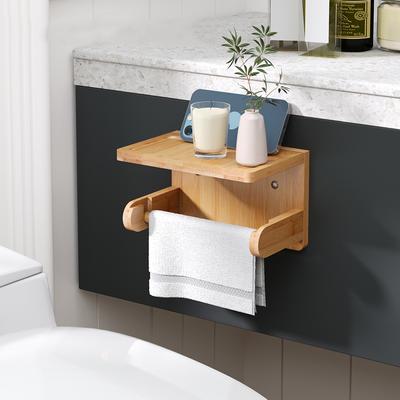 Toilet Paper Holder with Shelf Organizer Wall Mount Toilet Tissue Roll Holder Bamboo for Hotel Bathroom Washroom Toliet