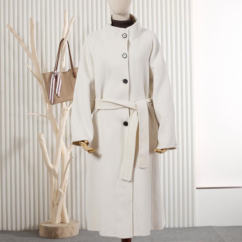 

Новое осенне-зимнее однотонное шерстяное пальто средней длины с воротником-стойкой, двустороннее шерстяное пальто на шнуровке, тонкое шерстяное пальто, женское пальто M белый