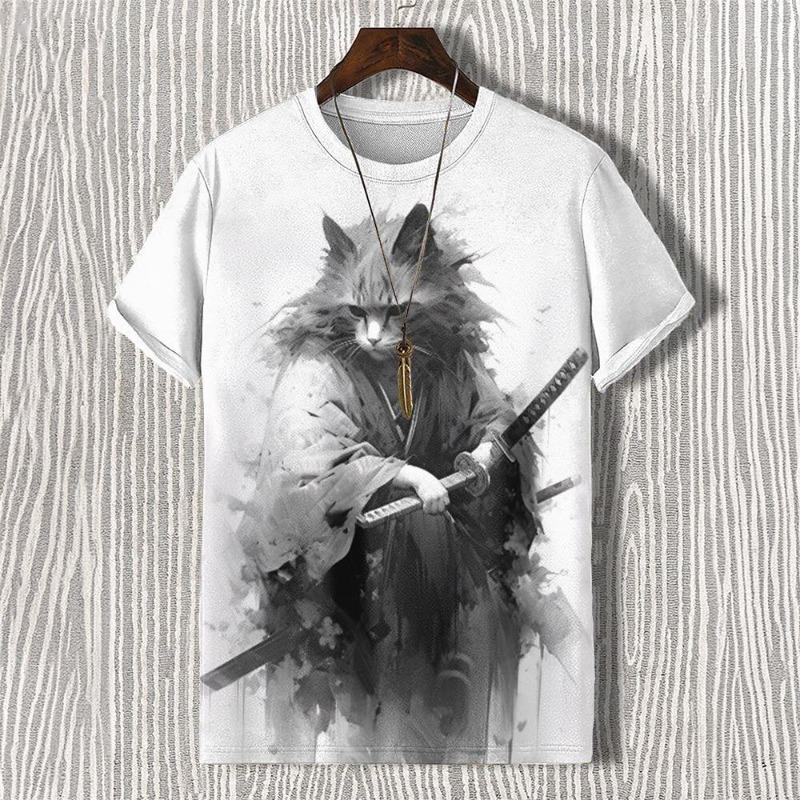 Men's T-shirts Edo Cat Samurai Warrior Art 3D Print Casual T-Shirts Men/Women Short Sleeve O-Neck Top Kid Clothing