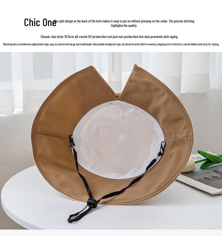 Koreanischer zweifarbiger Sonnenhut mit breiter Krempe und Schleife für Damen - Flacher Oberteil, Schlitz hinten, UV-Schutz