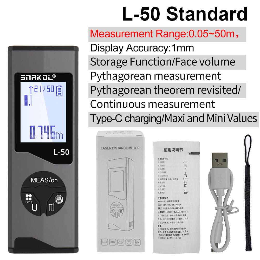 Snakol 30M/50M Mini Smart Laser Distance Meter Measure Rangefinder USB Rechargeable Portable Handheld Laser Range Finder Tools
