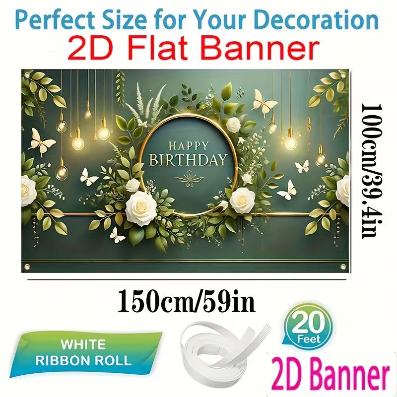 

2D Dark Green Happy Birthday Backdrop, White Rose & Gold Accent Party Background 47.2x31.5inch/120*80cm