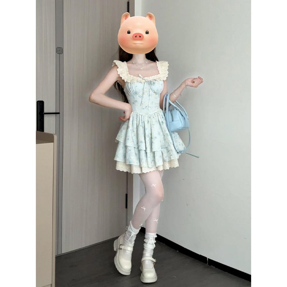 French Casual Small Flying Sleeves Summer Beautiful Princess Cake Dress Waist Fluffy Dress Gentle Floral Dress Women