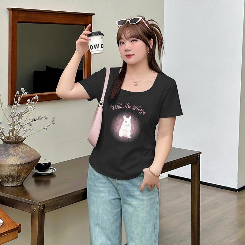 Large Size Pure Desire Style Slim-fit Printed T-shirt Spring and Summer New Inner Base Front Shoulder Thin Top 140194