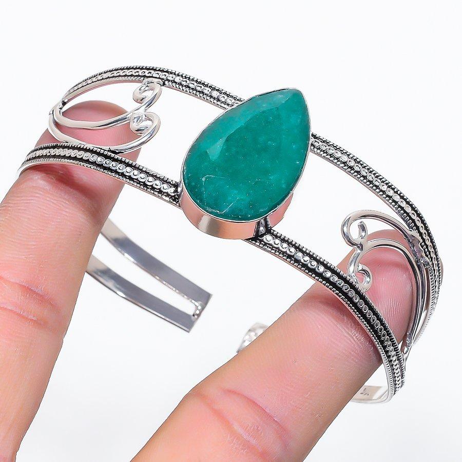 Emerald(Simulated) Gemstone 925 Sterling Silver Cuff Bangle Adjustable