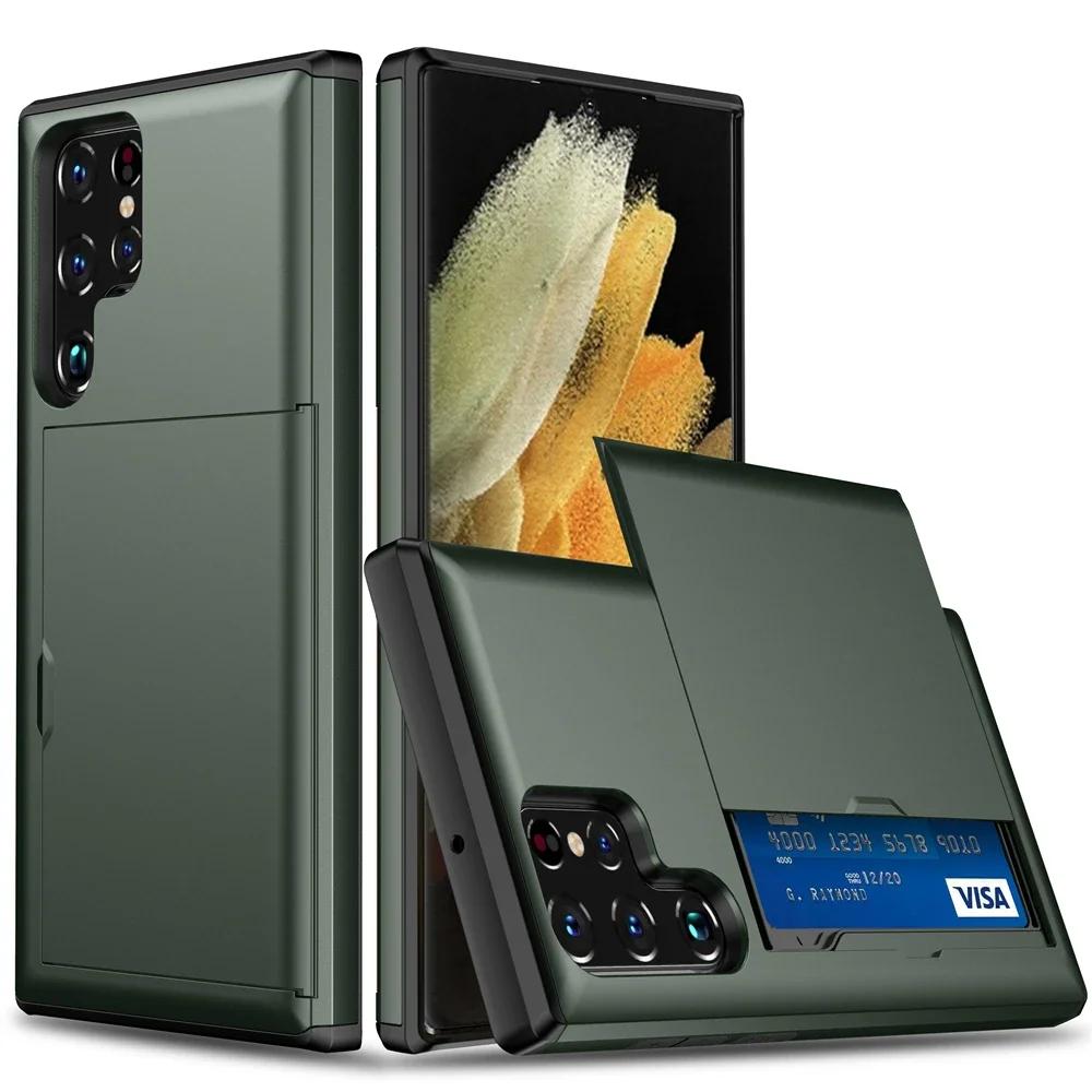 For Samsung Galaxy S25 S24 Ultra S23 S21 S20 FE S22 Plus A55 Case Slide Armor Wallet Card Slot Cover for Galaxy Note 20 Ultra