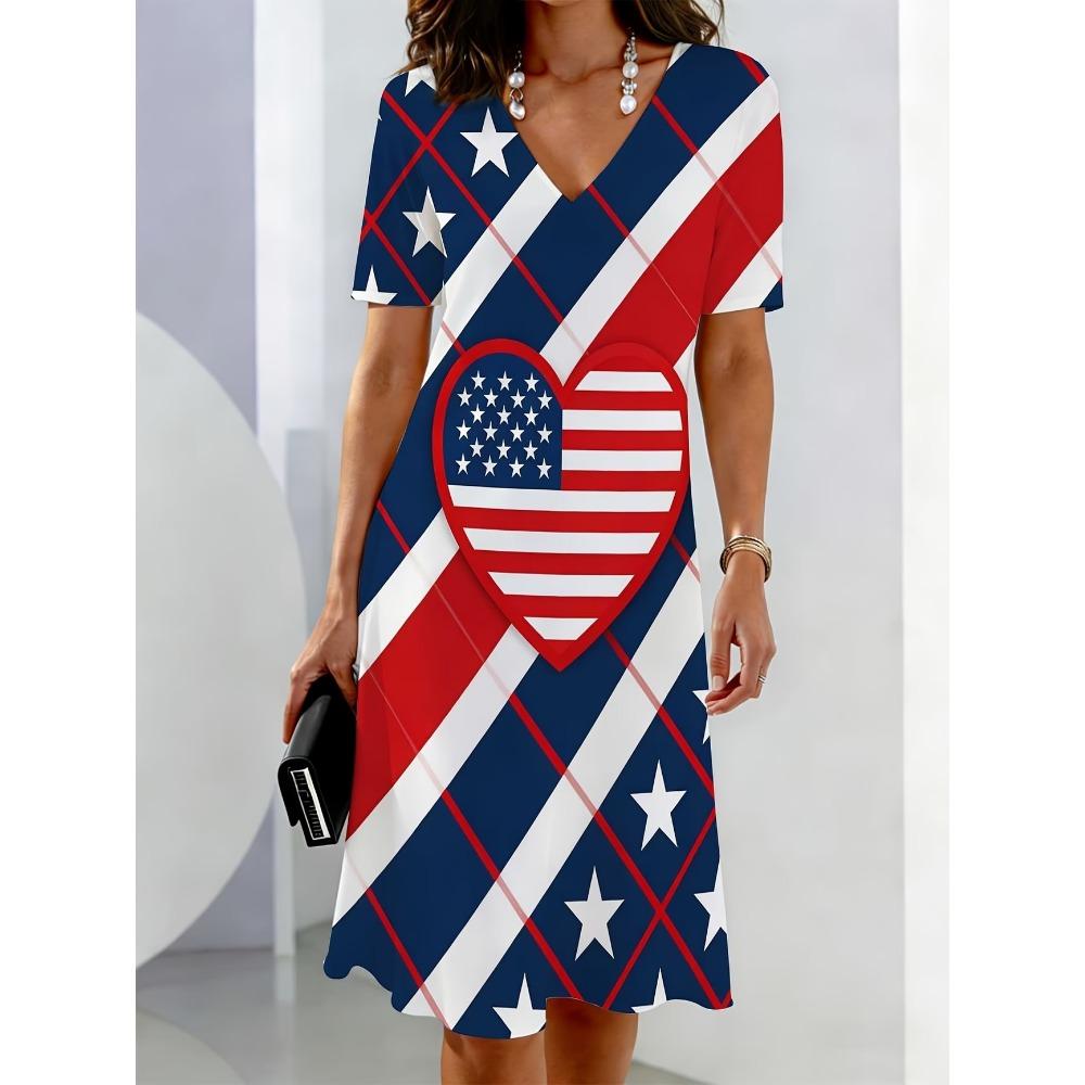 Ladies Summer V-Neck Short Sleeve 3D Floral Stripe Star Print Dress Colorful Casual Party Dress for Women