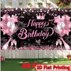 2D Pink Black Birthday Photography Background, Happy Birthday with Champagne and Star Decor Banner