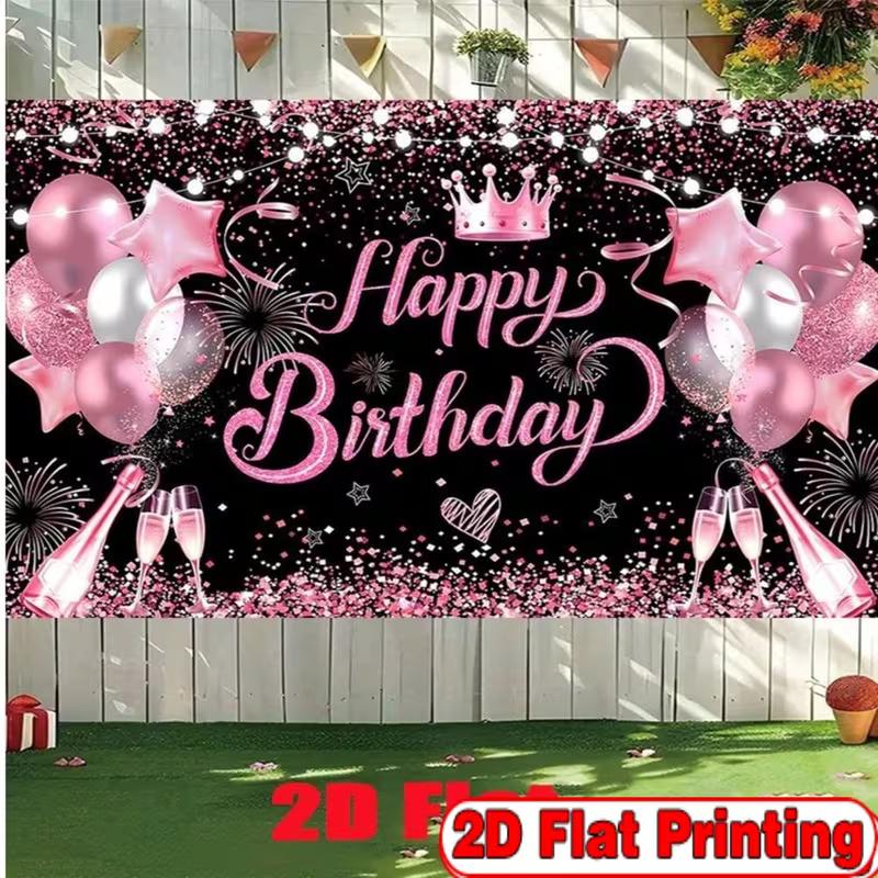 2D Pink Black Birthday Photography Background, Happy Birthday with Champagne and Star Decor Banner