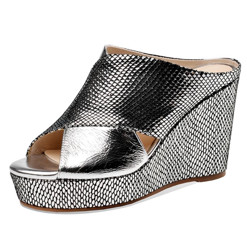 

Silver Wedge High Heels Women s Slippers Genuine Leather Summer Mules Shoes Patform Sandals Comfortable Footwear Wedge Shoes 34 серебряный