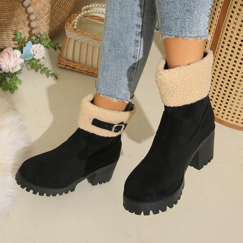New Large-sized Women's Shoes with Belt Buckles, Thick Heels and Warm Flip-over Snow Boots