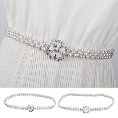 Pearl Belt for Women Fashion Rhinestone Floral Pearl Decorative Waist Chain Sweet