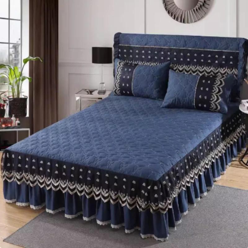 3pcs Lace Bed Skirt Ruffle Lace Skirt Style Bedspread Princess Style Anti Slip 1.8m Double Bed Cover with Strap Protection Cover