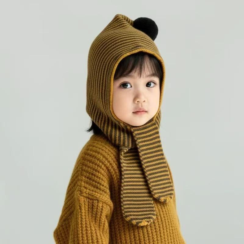 Children's winter hat and scarf 2-in-1 winter warm ear protection windproof knitted striped wool hat for boys and girls