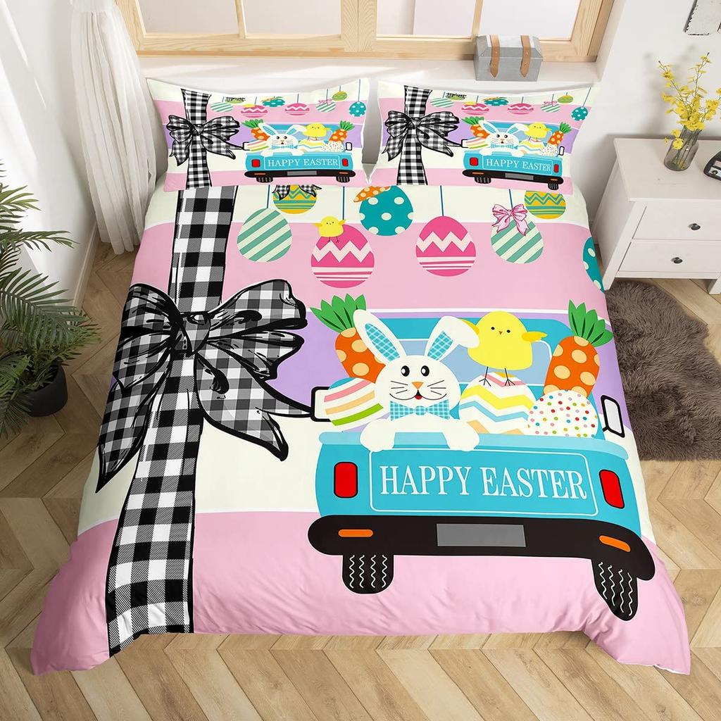 Pink Cherry Blossom Duvet Cover Happy Easter Theme Rabbit Ear Easter Eggs Bedding Set Polyester Butterfly Flower Comforter Cover