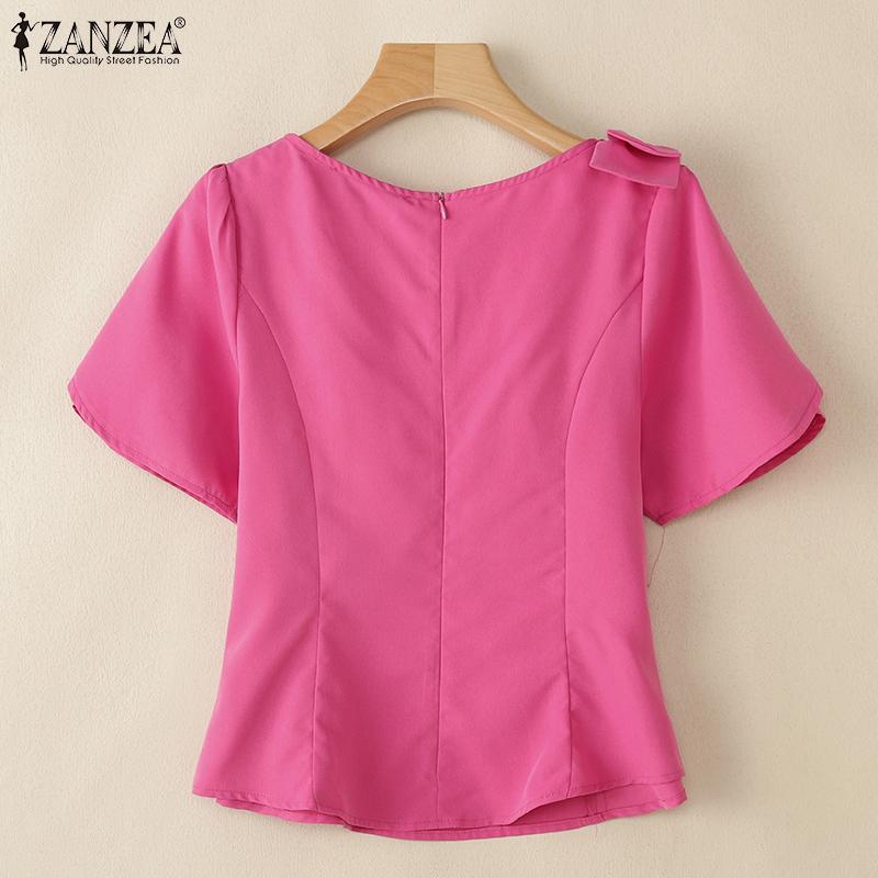 ZANZEA Damen Casual O-Ausschnitt Kurzarm Bluse mit Reißverschluss hinten