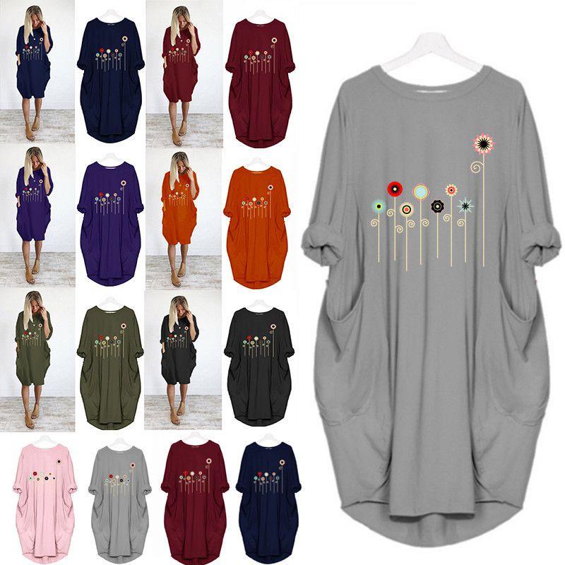 Women Dress Pullover Stylish Loose Fit Short Sleeve Casual Dress With Pocket