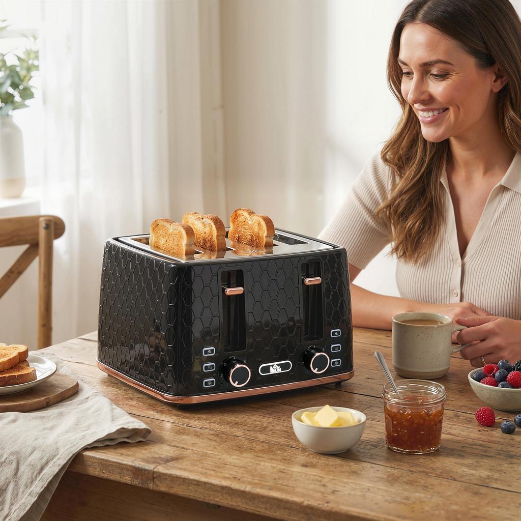 4 Slice Toaster with 7 Browning Levels, High Lift, Reheat/Defrost/Cancel, Self-centring Function, Removable Crumb Tray, Auto Off, 1600W