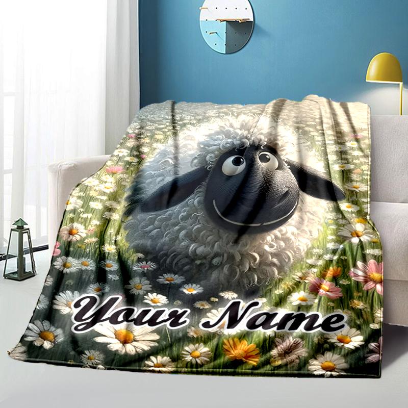 1PC Custom Name Sheep Flower Field flannel blanket versatile,all-season throw suitable for the living room,bedroom,camping,travel,and gift