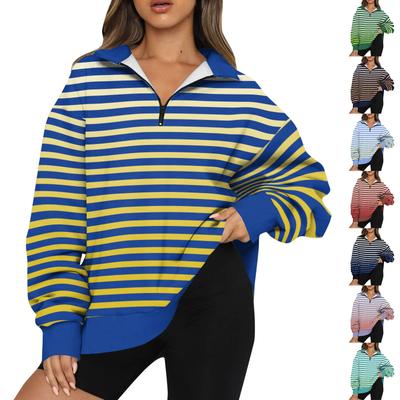 Sweat-shirt pour femme à la mode à manches longues rayé imprimé demi-zip haut de sweat-shirt