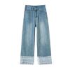 Women's Lace Patchwork High-Waist Wide-Leg Denim Pants - Spring/Autumn Cropped Style