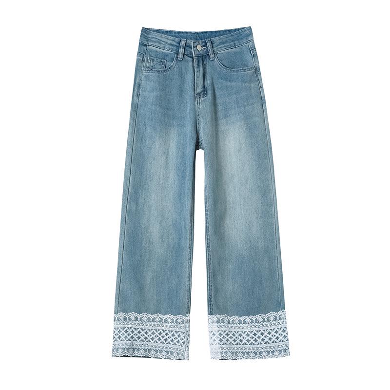 Women's Lace Patchwork High-Waist Wide-Leg Denim Pants - Spring/Autumn Cropped Style