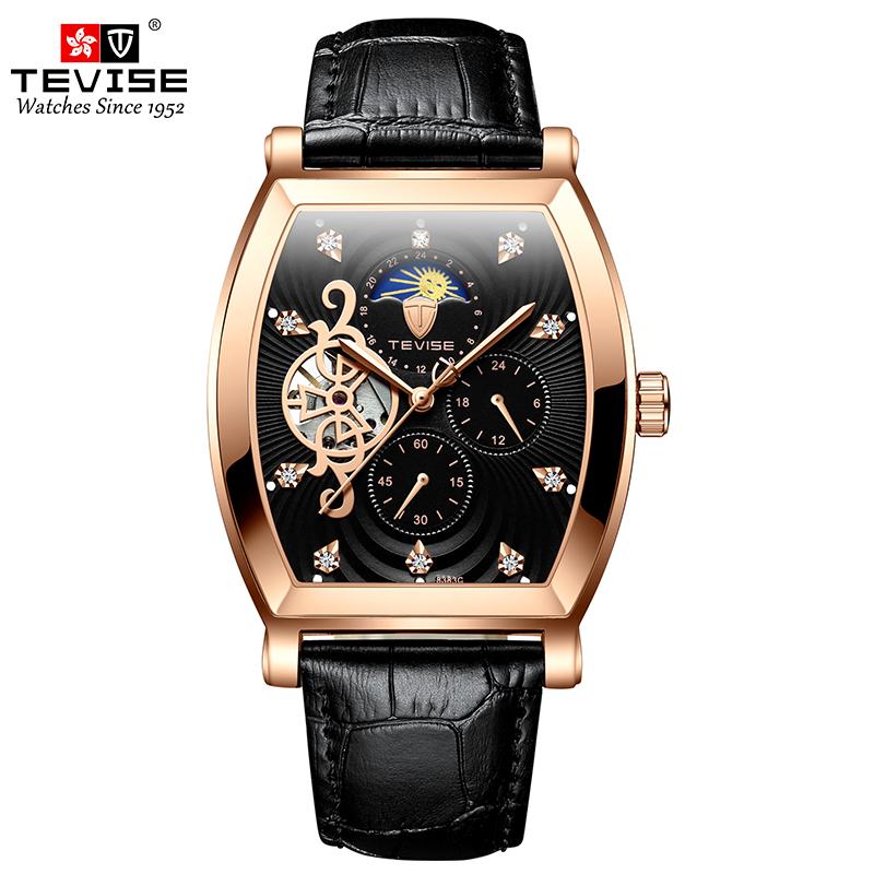 Fashion Top Brand Men's Mechanical Watch Tevise 8383c Business Waterproof Automatic Carved Hollow Window Moon Phase Zircon