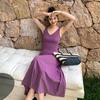 Dopamine Purple V-Neck Ice Silk Knitted Sleeveless Tank Dress for Women - Summer Vacation Style