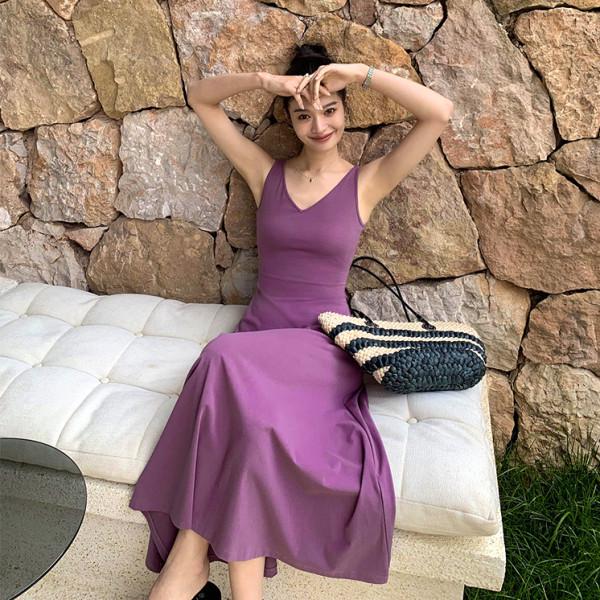 Dopamine Purple V-Neck Ice Silk Knitted Sleeveless Tank Dress for Women - Summer Vacation Style