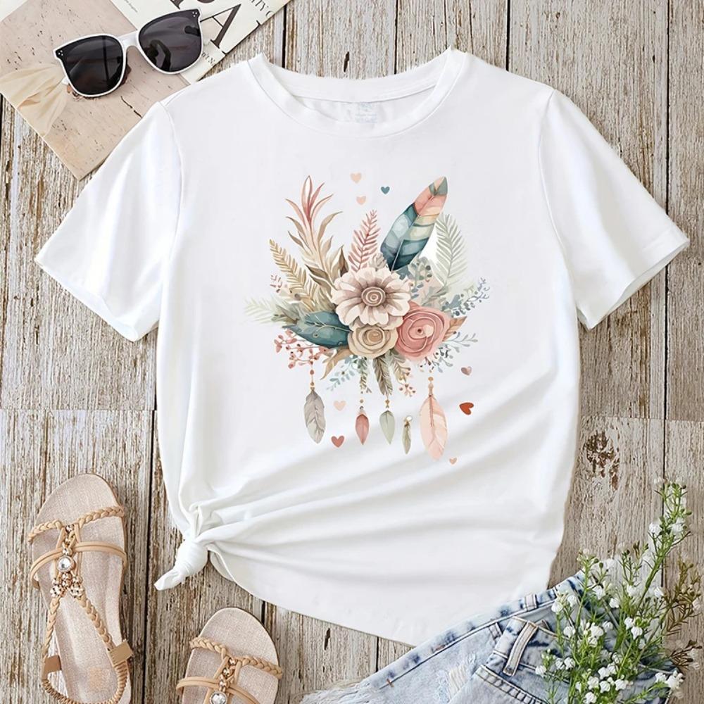 Floral Print T-shirt Casual Short Sleeved Round Neck T-shirt Fashionable Retro Spring Women's White Fashionable Top