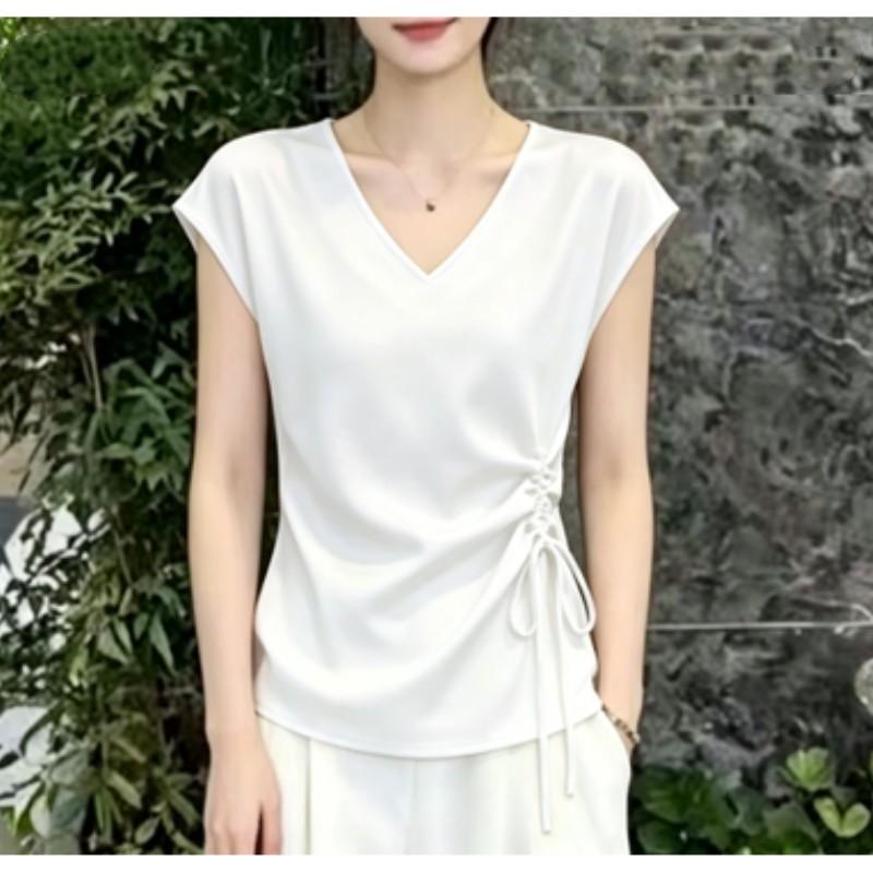 T-shirt Estiva da Donna con Scollo a V Leggera Camicia a Maniche Corte in Raso Design da Donna Top Elegante Aderente