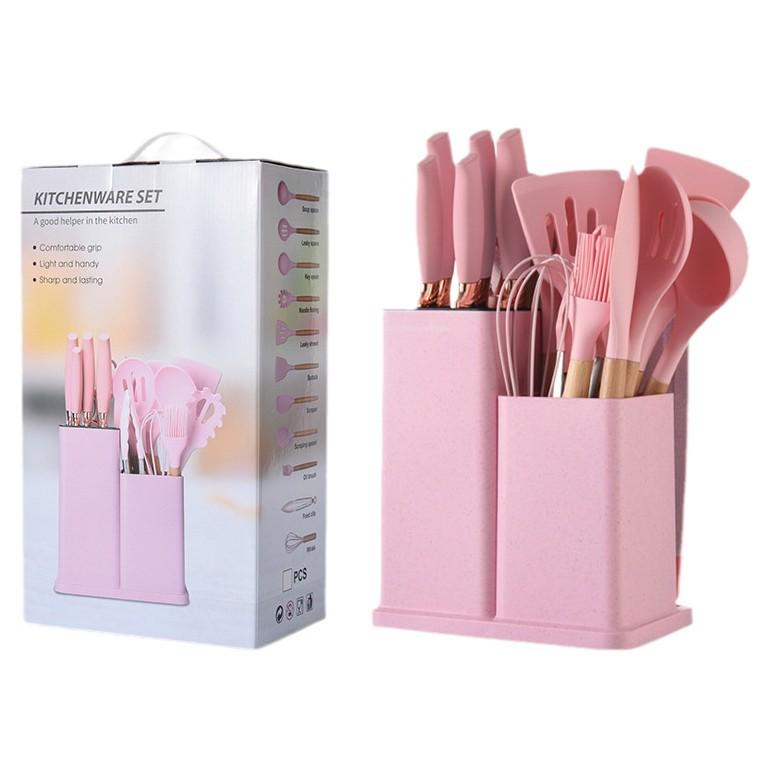 Spot Silicone Kitchen Utensil 19-Piece Non-Stick Set: Includes Spatulas, Spoons, Storage Bucket, and Knife Set.