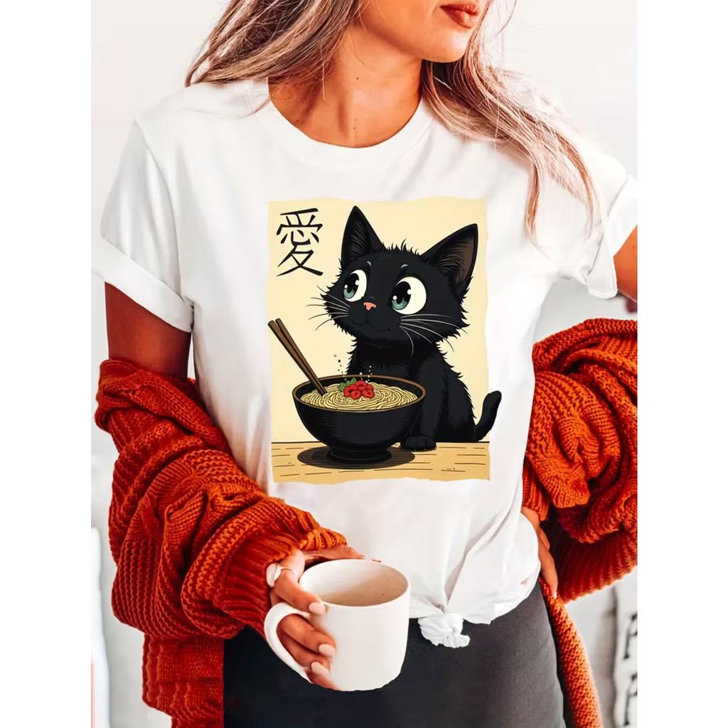 Women's Casual Short Sleeve Crew Neck T-Shirt | Cute Anime Ramen Cat Print
