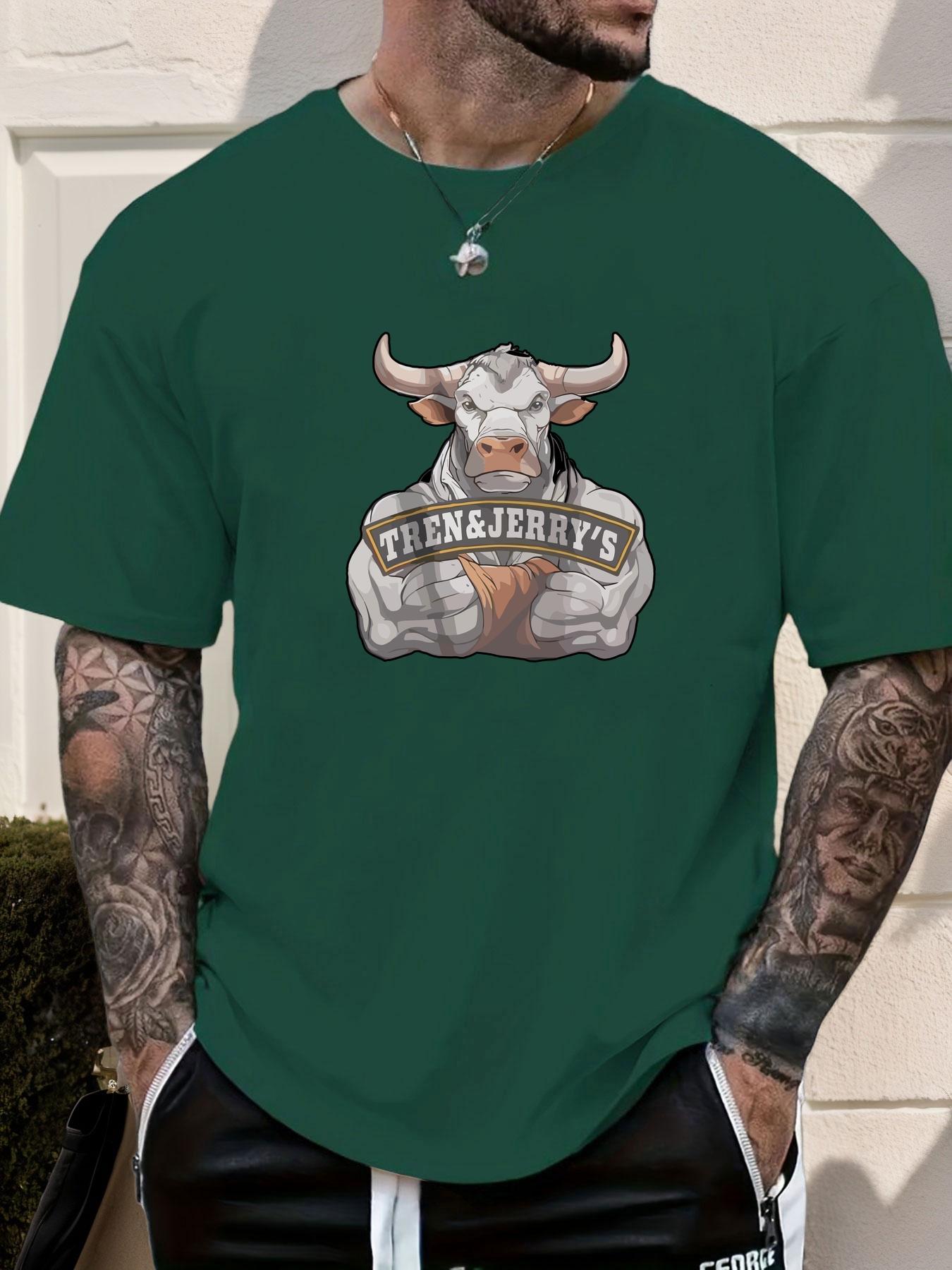 

Mens Casual Tshirt Muscular Bull TRENJERRYS Print Short Sleeve Round Neck Breathable Oversized Bold Daily Tee 4XL