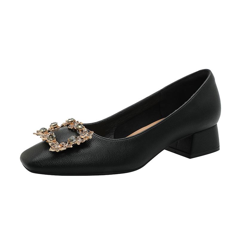 Thick heel single shoes women's 2025 new spring and autumn women's shoes low heel French square head shallow mouth soft leather rhinestone square bu