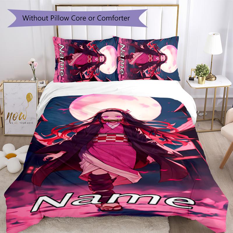 3pcs Custom Name Demon Slayer Nezuko Bedding Set Duvet Cover Closure Includes 1 Duvet Cover & 2 Pillowcases for All Seasons Bedroom Decor