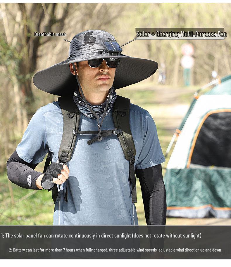 Solar-Powered Wide Brim Fishing Hat with Sunshade, Long-Lasting Battery Fan, and High Wind Power for Men.