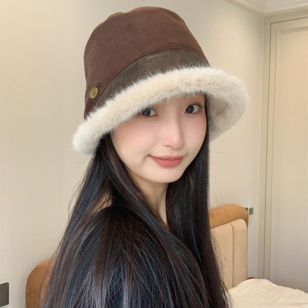 Autumn and winter suede plush warm face small bucket hat woman