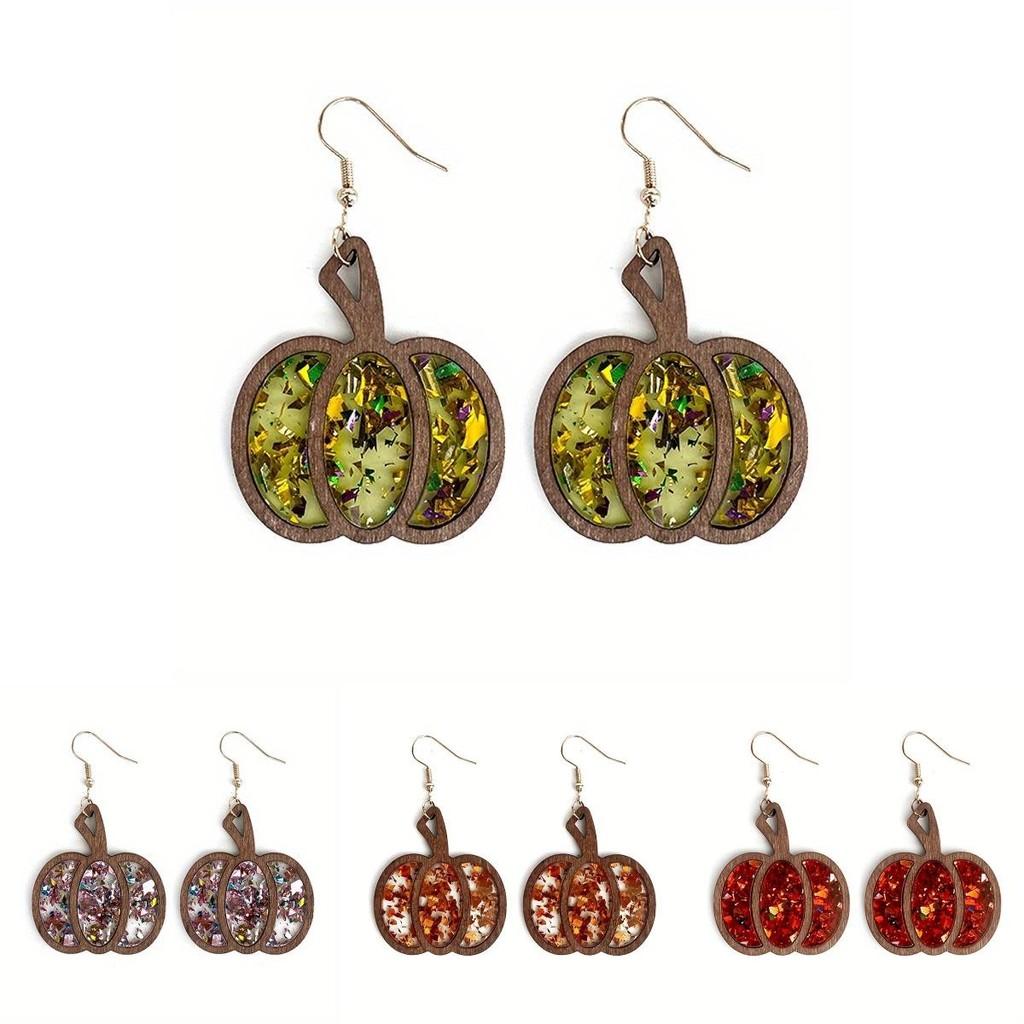 Pumpkin Eyecatching Colorful Earrings Wooden Festive Jewelry For Fall Celebrations
